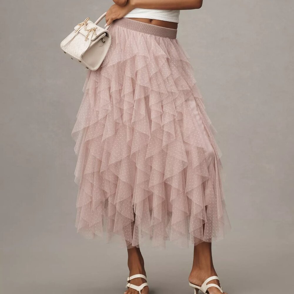 Anthropologie Cheri Ruffled Tulle Midi Skirt